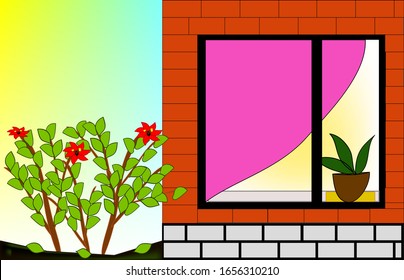 Illustration einer Ecke eines roten Ziegelhauses mit Fenster, rosafarbenem Vorhang und einer Blume in einem Topf auf einer Fensterbank, ein grüner Busch mit roten Blumen wächst in der Nähe des Hauses