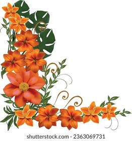 illustration with corner of red tropical flowers isolated on white background