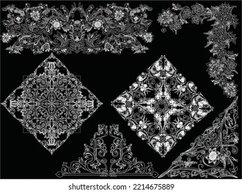 illustration with corner and rhomb white decorations on black background