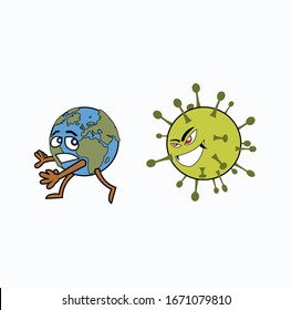 Illustration of Corona virus attacking (chase) the world.  Analogy of the world's population who are afraid of the corona virus. Isolated on white background.