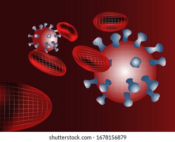 Illustration von Corona-Virus-Drahtrahmen, der rote Blutkörperchen infiziert. Illustration