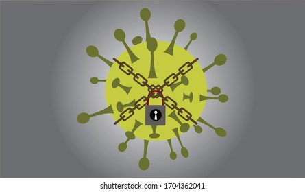 illustration of coronavirus in chains and locked.  Stop spreading coronavirus.