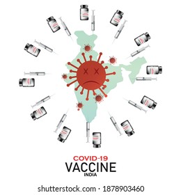 Illustration of Coronavirus Covid- 19 Vaccine Bottle with syringe, India map background Indian concept.