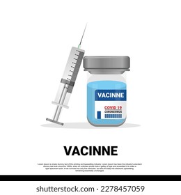 Illustration of Coronavirus Covid- 19 Vaccine Bottle with syringe, and medicines design background.