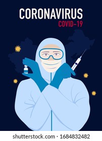 Illustration of Coronavirus COVID-19 outbreak concept. An asian women in a protective suit and mask holds an injection syringe and vaccine. Protect yourself and others From the Coronavirus (COVID 19)