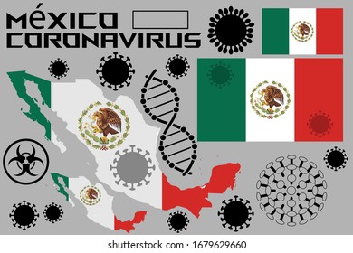 Illustration of a coronavirus, with flags and the territory of the country of Mexico. Coronavirus cells, a genetic helix, and a biohazard sign. Vector illustration.