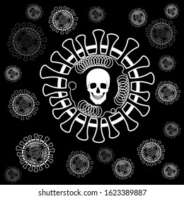 Illustration Coronavirus with a human skull inside, as a symbol of mortal danger. Viruses in white color on a black neutral background. For news, articles, blogs, prints, banner, website.