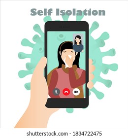 Illustration Of Coronavirus Infected Woman Having A Video Call By Handphone. Self Isolation Illustration. Quarantine