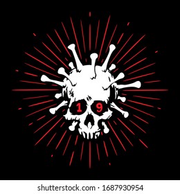 Illustration Coronavirus logotype. The image of a human skull is combined with a virus, as a symbol of mortal danger. For news, articles, blogs, prints, banner, website, sticker, t-shirt.