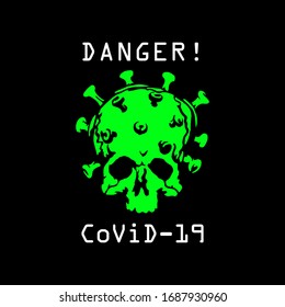 Illustration Coronavirus logotype. The image of a human skull is combined with a virus, as a symbol of mortal danger. For news, articles, blogs, prints, banner, website, sticker, t-shirt.