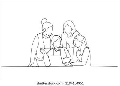 Illustration of corporate female team collaborate at office interacting brainstorming. One line style art
