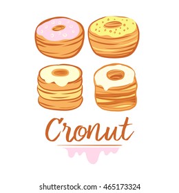 Illustration for corporate identity, banner, business card, poster with freehand drawn vector cronut cake logo. Set of isolated baking cronut on white background.