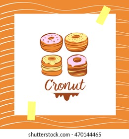 Illustration for corporate identity, banner, business card, poster with freehand drawn vector cronut cake logo. Set of isolated baking cronut on white background.