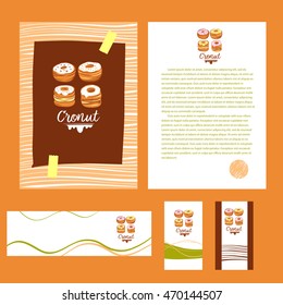 Illustration for corporate identity, banner, business card, poster with freehand drawn vector cronut cake logo. Set of isolated baking cronut on white background.