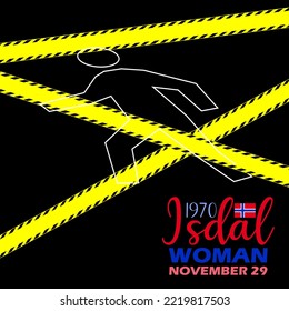 Illustration Of A Corpse Trail With Police Tape With Bold Text And The Norwegian Flag On Black Background To Commemorate Isdal Woman Day On November 29