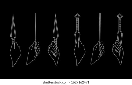 illustration of correct holding throwing knife: pinch grip and blade grip
