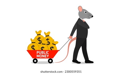 illustration of a corruptor with a rat head pulling a cart filled with bags of money. public money.stop corruption, a corruptor with a rat head, corruption of state money