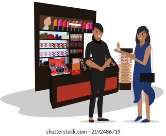 Illustration of a cosmetic booth with employees and customers providing product information. Vector Flat Illustration