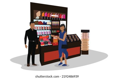 Illustration of a cosmetic booth with employees and customers providing product information. Vector Flat Illustration