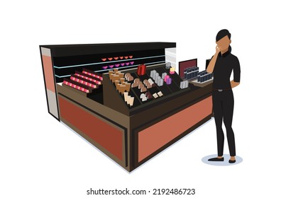 Illustration of a cosmetic booth with employees demonstrating it. Vector Flat Illustration