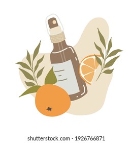 Illustration with cosmetic item and fruits, cosmetic bottle and orange with green leaves