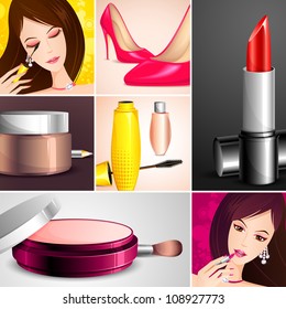 illustration of cosmetic on fashion collage background