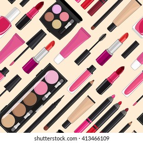 Illustration of cosmetic products. Seamless vector background.