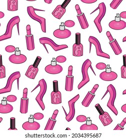 Illustration of cosmetic and shoes, beauty set, seamless pattern on white background.