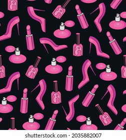 Illustration of cosmetic and shoes, beauty set, seamless pattern on black background.