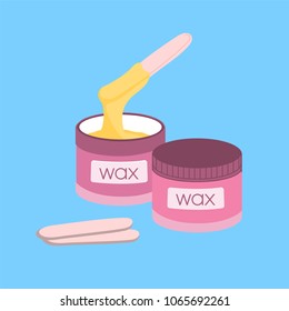 Illustration Of Cosmetic Wax In Jar With Waxing Sticks For Hair Removal Procedure. Flat Style With Bright Colors.