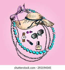 Illustration of cosmetics, all for beauty, accessories