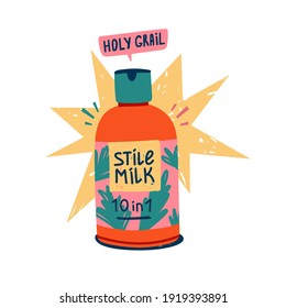 Illustration of cosmetics for curly hair. Curly girly method. Styling packaging for kinky hair. Style milk bottle. Doodle style. Vector