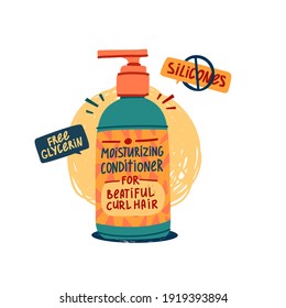 Illustration of cosmetics for curly hair. Curly girly method. Hair care bottle for kinky hair. Conditioner to moisturize hair. Doodle style. Vector.