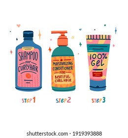 Illustration of cosmetics for curly hair routine. Concept to Curly girl method. Hair care bottle styling, cleansing, treatment for kinky hair. Doodle style. Vector.