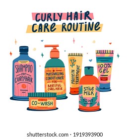 Illustration of cosmetics for curly hair routine. Curly girl method. Hair care bottle styling, cleansing, treatment for kinky hair. Doodle style. Vector.