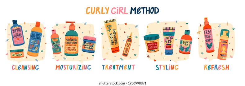Illustration of cosmetics for curly hair routine. Concept to Curly girl method. Hair care bottle styling, cleansing, treatment for kinky hair. Doodle style. Vector.