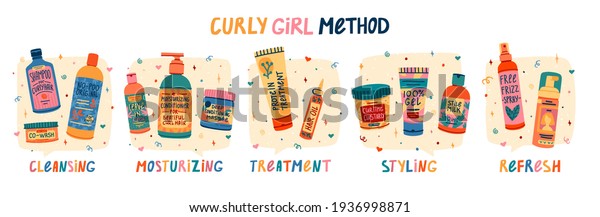 Illustration of cosmetics for curly\
hair routine. Concept to Curly girl method. Hair care bottle\
styling, cleansing, treatment for kinky hair. Doodle style.\
Vector.