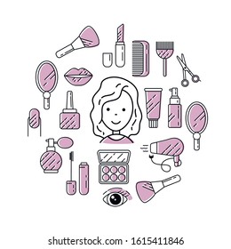 Illustration of cosmetics with icons and signs in a linear style. Stock vector.