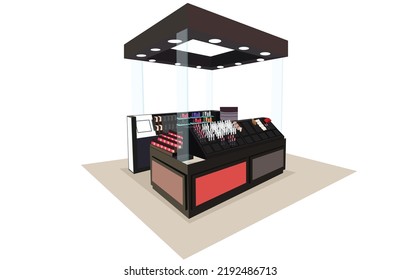 Illustration of Cosmetics store booth  interior with products on the shelves, shopping, beauty shop, cosmetic products, health and beauty. Vector Flat Illustration