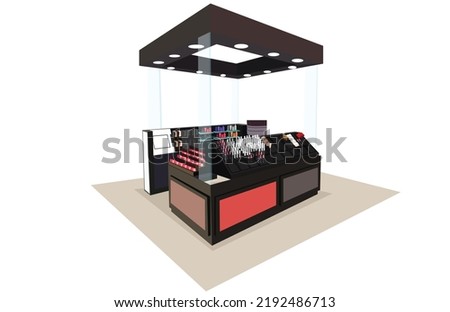 Illustration of Cosmetics store booth  interior with products on the shelves, shopping, beauty shop, cosmetic products, health and beauty. Vector Flat Illustration