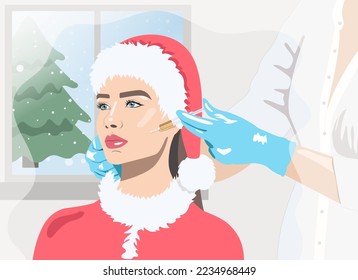 Illustration. Cosmetologist does prp therapy on the face of a beautiful woman in a Santa Claus hat.New Years and Cosmetology concept.vector image