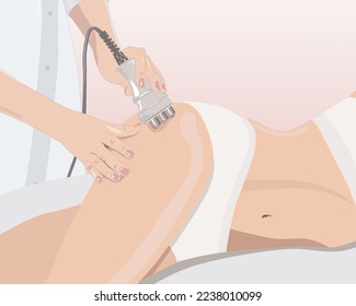 illustration. The cosmetologist does the Rf lifting procedure on the legs, buttocks and hips of a woman in a beauty parlor. Treatment of overweight and flabby skin.