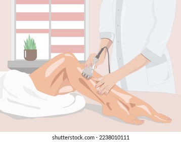 illustration. The cosmetologist does the Rf lifting procedure on the legs, buttocks and hips of a woman in a beauty parlor. Treatment of overweight and flabby skin.