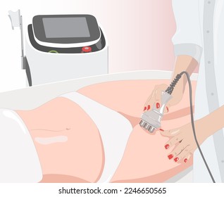 illustration. The cosmetologist does the Rf lifting procedure on the legs, buttocks and hips of a woman in a beauty parlor. Treatment of overweight and flabby skin.	