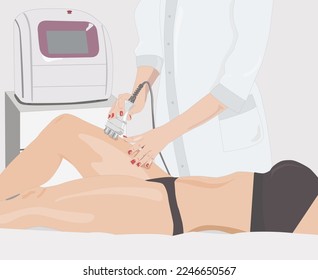 illustration. The cosmetologist does the Rf lifting procedure on the legs, buttocks and hips of a woman in a beauty parlor. Treatment of overweight and flabby skin.	