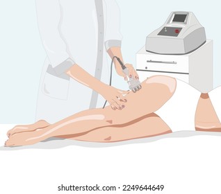 illustration. The cosmetologist does the Rf lifting procedure on the legs, buttocks and hips of a woman in a beauty parlor. Treatment of overweight and flabby skin.