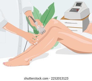 illustration. The cosmetologist does the Rf lifting procedure on the legs, buttocks and hips of a woman in a beauty parlor. Treatment of overweight and flabby skin