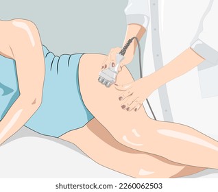 illustration. The cosmetologist does the Rf lifting procedure on the legs, buttocks and hips of a woman in a beauty parlor. Treatment of overweight and flabby skin