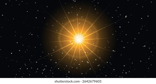 an illustration of a cosmic landscape with a bright yellow sun with diverging rays on a dark background dotted with small white stars.