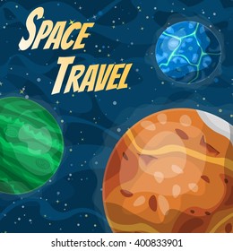Illustration with cosmic planets in outer space in vector cartoon style